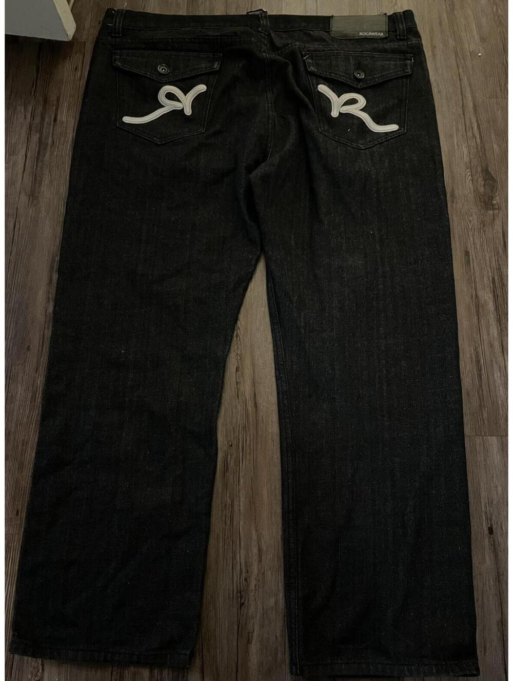 Rocawear Baggy Jeans Black Denim Embroidered Logo pockets